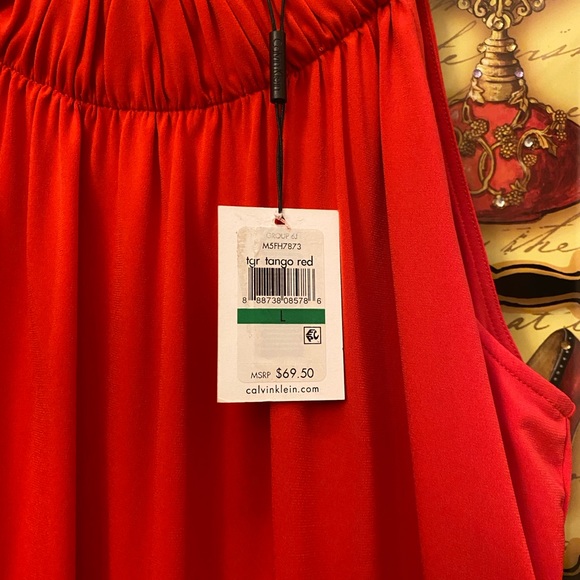 Calvin Klein top with black pleather neckline. Size Large. NWT. Tango red - Picture 3 of 5